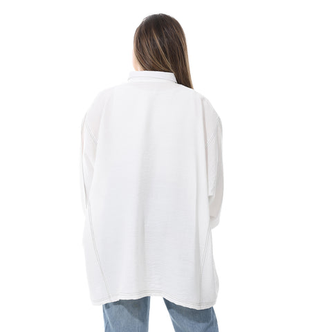 Women's linen shirt with collared neck and long sleeves from Caesar - قميص نسائي أبيض واسع بجيوب اماميه من سيزر 