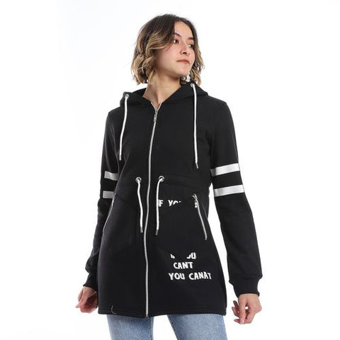 Women Hoodie With Front Zipper And Printed Sleeves