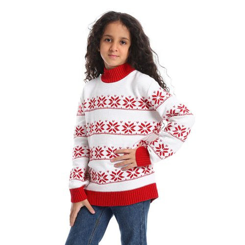 Girls Wool Pullover with Design star red