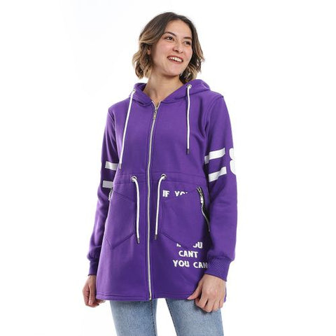 Women Hoodie With Front Zipper And Printed Sleeves