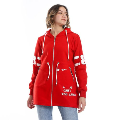 Women Hoodie With Front Zipper And Printed Sleeves