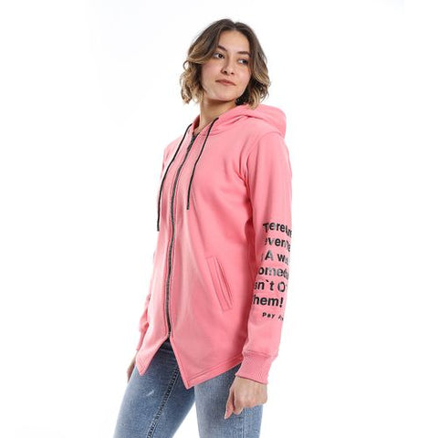 Women Hoodie With Front Zipper And Printed Sleeves