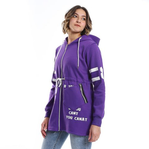 Women Hoodie With Front Zipper And Printed Sleeves