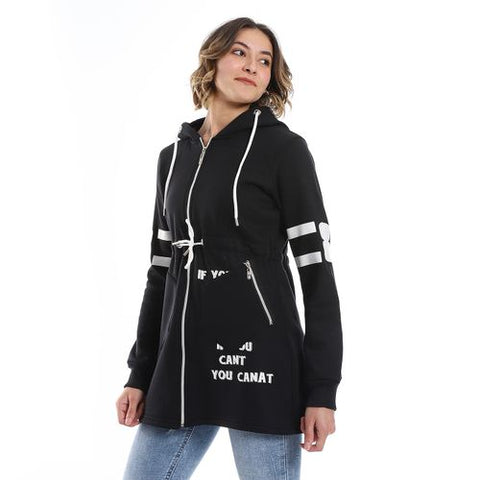 Women Hoodie With Front Zipper And Printed Sleeves