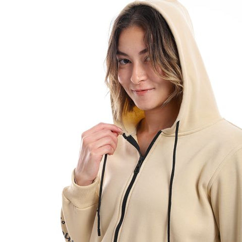 Women Hoodie With Front Zipper And Printed Sleeves