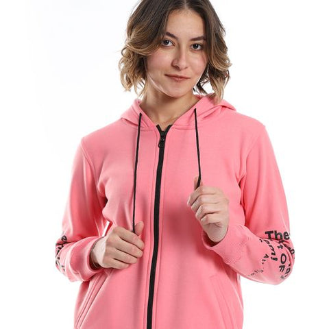 Women Hoodie With Front Zipper And Printed Sleeves