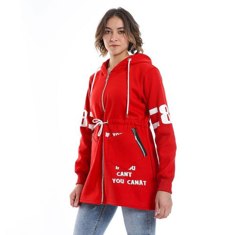 Women Hoodie With Front Zipper And Printed Sleeves