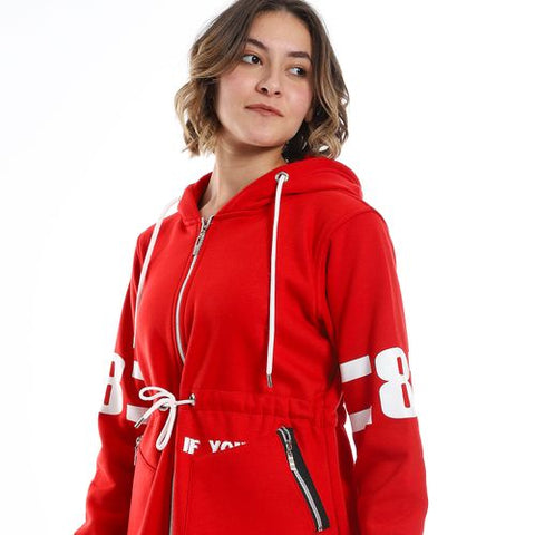 Women Hoodie With Front Zipper And Printed Sleeves