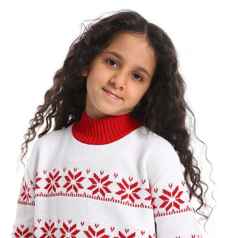 Girls Wool Pullover with Design star red