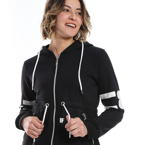 Women Hoodie With Front Zipper And Printed Sleeves