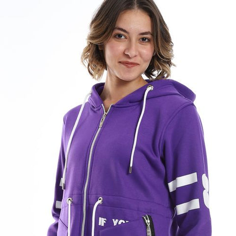 Women Hoodie With Front Zipper And Printed Sleeves