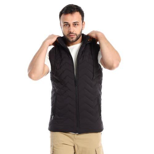 hooded neck sleeveless black quilted vest