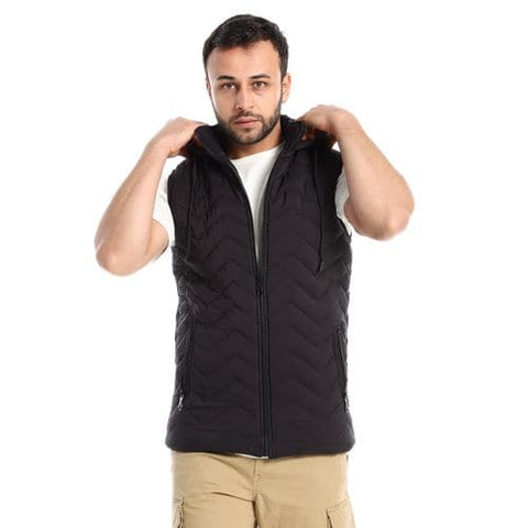 Caesar Hooded Neck Sleeveless Black Quilted Vest