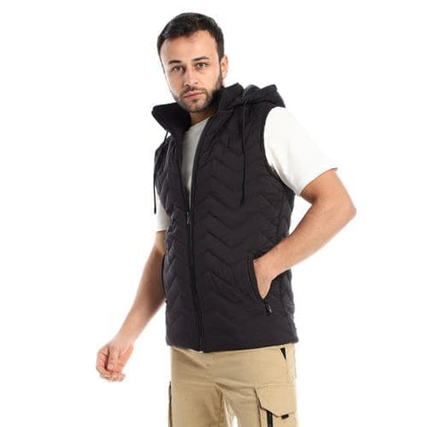 Caesar Hooded Neck Sleeveless Black Quilted Vest