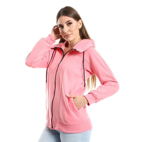 Women Hoodie With Front Zipper-pink