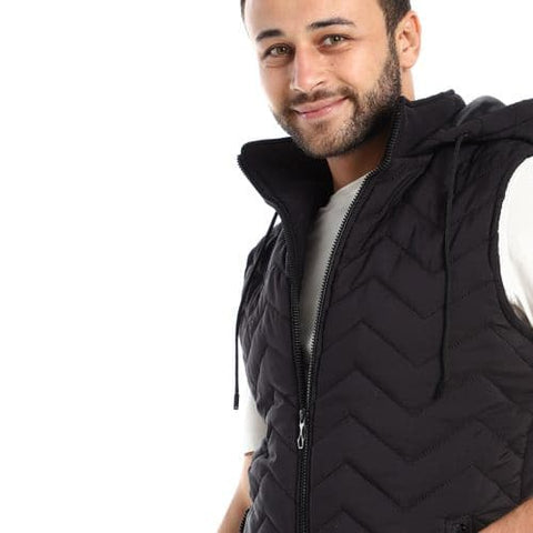 Caesar Hooded Neck Sleeveless Black Quilted Vest