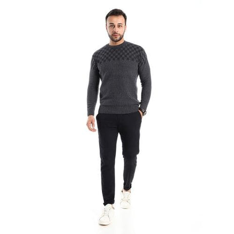 Caesar Ribbed Round Neck Dark Grey ' Black Pullover